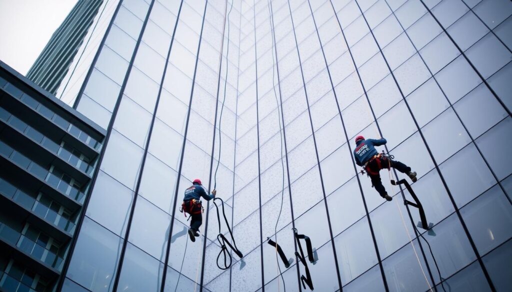 A high-rise office building with a sleek glass and metal facade stands tall against a bright, overcast sky. The building's exterior is being cleaned by skilled technicians suspended on ropes, their movements graceful and efficient as they scrub away dirt and grime. The TRODATEC SE logo is prominently displayed on their uniforms, indicating the company's expertise in facade maintenance. The lighting is natural, casting a soft, even glow across the scene, highlighting the intricate details of the building's architecture. The overall atmosphere conveys a sense of professionalism and care in preserving the integrity of the structure's exterior.