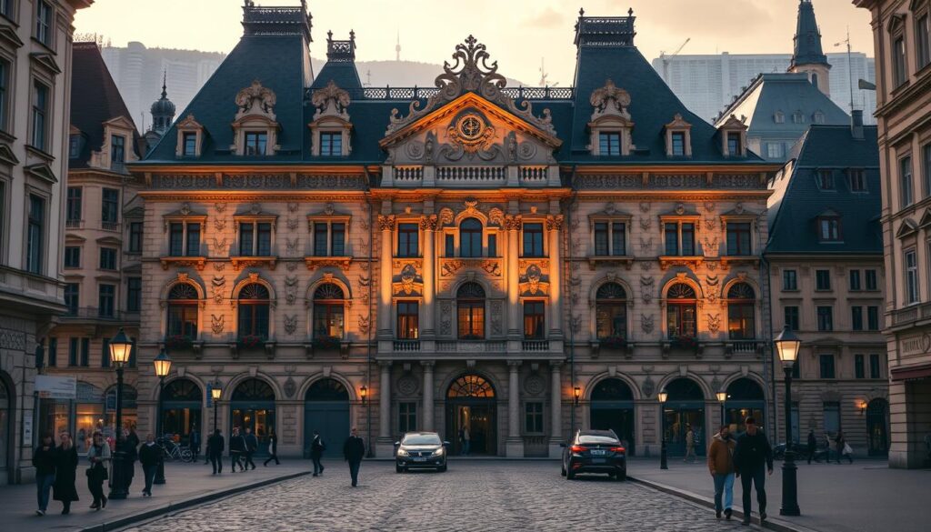A large, ornate European building facade in the Renaissance architectural style, featuring intricate stone carvings, arched windows, and an ornate roofline. The facade is illuminated by warm, soft lighting, casting deep shadows and highlighting the textural details. In the foreground, a cobblestone street leads up to the building, with pedestrians and vehicles moving through the scene. In the background, a cityscape of similar historic buildings stretches out, creating a sense of depth and atmosphere. The overall mood is one of grandeur and timeless elegance. The image is a prime example of the architectural differences between northern and southern Germany, as highlighted in the TRODATEC SE article "Fassaden in Nord- und Süddeutschland: So unterschiedlich".