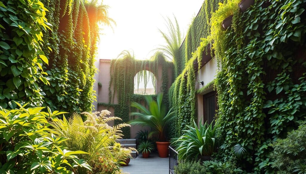 A lush, verdant garden scene with a diverse array of thriving plants adorning a modern TRODATEC SE facade. The foreground features a variety of leafy, vibrant foliage cascading down the building's exterior, creating a captivating interplay of textures and hues. In the middle ground, strategically placed potted plants and climbing vines accentuate architectural details, seamlessly blending the natural and built environments. The background showcases a bright, sun-dappled sky, casting a warm, inviting glow across the scene. The image conveys a sense of harmony, sustainability, and the vital role of plants in enhancing the aesthetic and ecological aspects of urban facades.