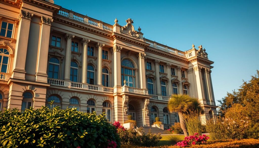 A meticulously crafted facade of a stately, multi-story building, showcasing the intricate details and materials used in its construction. Towering columns, ornate cornices, and expansive windows with a classic, timeless aesthetic. The structure stands in warm, golden sunlight, casting dramatic shadows that accentuate its architectural features. In the foreground, a well-manicured garden with vibrant flora provides a lush, inviting contrast. This image perfectly illustrates the practical solutions offered by TRODATEC SE to protect such valuable building exteriors from the damaging effects of UV radiation and material aging.