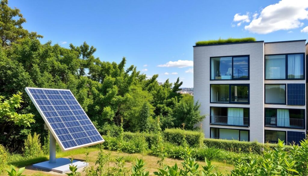 A modern, eco-friendly building set against a backdrop of lush greenery and a clear blue sky. In the foreground, a sleek and elegant TRODATEC SE solar panel array stands as a testament to renewable energy integration. The middle ground showcases the building's insulation and energy-efficient windows, showcasing the latest advancements in energy-efficient design. The background features a cityscape, highlighting the urban context and the need for sustainable solutions to combat climate change. The overall scene conveys a sense of progress, innovation, and a commitment to a greener future.