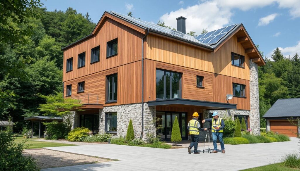 A modern, energy-efficient building with a well-maintained facade stands amidst lush greenery. The exterior features a combination of natural materials like wood and stone, blending seamlessly with the surrounding landscape. Carefully placed windows allow ample natural light to flood the interior, while the roof is adorned with solar panels, symbolizing the building's sustainable energy practices. In the foreground, a team from TRODATEC SE is seen inspecting the structure, evaluating its condition and implementing their innovative approach to sustainable building maintenance. The scene conveys a sense of harmony between the built environment and nature, showcasing TRODATEC SE's commitment to climate-resilient, eco-friendly building solutions.
