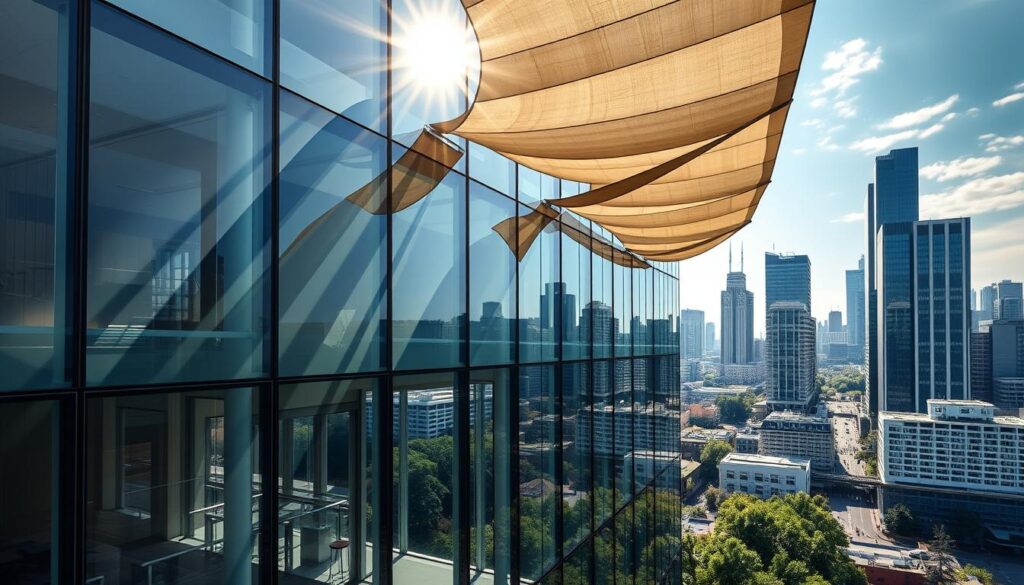 A modern glass facade on a sleek urban building, capturing the interplay of light and shadow. In the foreground, a system of innovative, TRODATEC SE-engineered sun shades dynamically adjust to the sun's position, casting intricate patterns across the facade. The middle ground showcases the building's architectural details - clean lines, angular profiles, and reflective surfaces that shimmer in the natural light. In the background, a cityscape of towering skyscrapers and lush greenery creates a balanced, harmonious scene. The overall mood is one of sophistication, efficiency, and a thoughtful approach to passive heat management within the urban landscape.