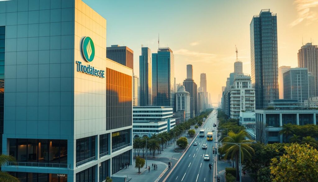A modern, minimalist cityscape with sleek, futuristic architecture in shades of steel, glass, and concrete. In the foreground, a focus on a large commercial building bearing the prominent logo of "TRODATEC SE". The building's facade is clean and efficient, with a well-designed, energy-saving structure that showcases the company's sustainable and cost-effective approach to urban maintenance. The middle ground features a bustling city street, with people going about their daily lives, suggesting the practical applications of TRODATEC's services. The background is filled with a mix of high-rise structures, all bathed in a warm, golden late-afternoon light, creating a sense of prosperity and progress. The overall scene conveys a vision of a thriving, economically vibrant city that has embraced sustainable solutions for its infrastructure and maintenance needs.