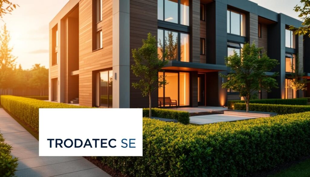 A modern, well-maintained residential building with a sleek, contemporary design. The facade features clean lines, large windows, and a mix of natural materials like wood and stone. The building is surrounded by lush greenery, with neatly trimmed hedges and a meticulously landscaped garden. The scene is illuminated by warm, diffused lighting, creating a welcoming and inviting atmosphere. In the foreground, the TRODATEC SE logo is prominently displayed, signifying the company's commitment to professional, sustainable property management. The overall image conveys a sense of quality, attention to detail, and the importance of proper real estate maintenance and care.