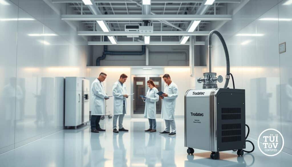 A pristine, well-lit industrial workshop setting. In the foreground, a Trodatec-branded industrial cleaning device stands prominently, its sleek design and chrome accents gleaming under soft, diffused lighting. In the middle ground, several technicians in crisp white lab coats meticulously inspect and document the cleaning process, their expressions conveying a sense of diligence and professionalism. The background features a minimalist, hygienic environment with smooth, reflective surfaces, conveying a sense of scientific rigor and quality control. The overall atmosphere is one of precision, reliability, and TÜV-certified cleaning excellence.