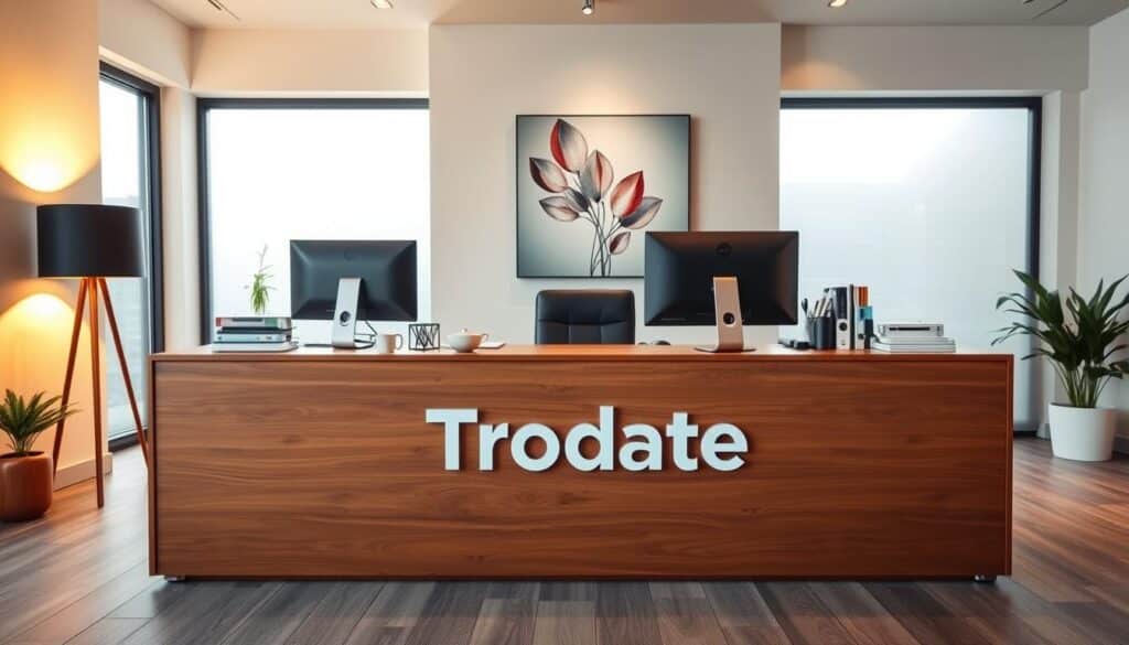 A professional, modern office interior with a large wooden desk showcasing the Trodatec brand name prominently displayed. On the desk, various office supplies and a desktop computer setup create a cohesive workspace. The lighting is warm and inviting, with a floor lamp and natural light streaming in through large windows, casting a soft glow over the scene. In the background, a clean, minimalist wall with a stylish abstract artwork adds depth and visual interest. The overall atmosphere conveys a sense of professionalism, attention to detail, and a welcoming environment for consultations and inquiries.