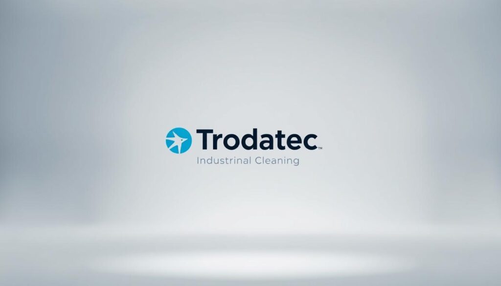 A professional, well-lit studio photography of the Trodatec brand logo, showcasing the "Kontakt Trodatec" product. The logo is centered in the frame against a clean, neutral background, with subtle shadows and highlights to give it depth and dimension. The image has a sharp focus, capturing the intricate details and clean lines of the logo design. The overall mood is professional, minimalist, and evocative of the high-quality industrial cleaning services the company provides.