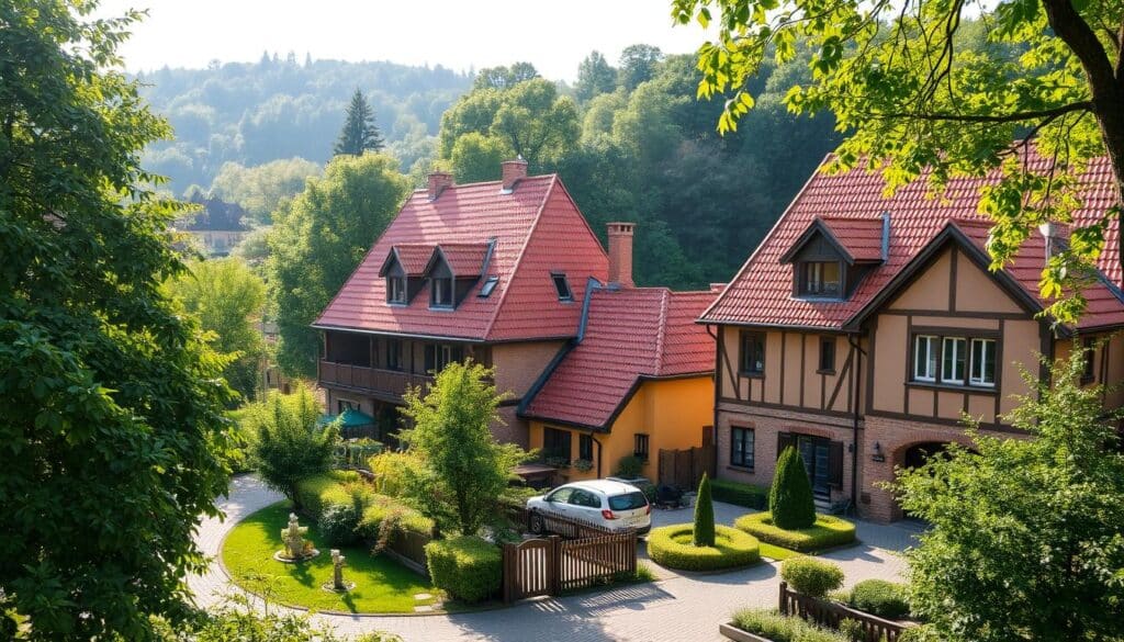 A quaint and charming cluster of two-story houses nestled in a verdant, tree-lined neighborhood. The Fliegersiedlung, a prime example of Heimatschutz architecture, features distinctive red-tiled roofs, warm-hued brick facades, and intricate woodwork details that evoke the region's traditional styles. Sunlight filters through the lush foliage, casting a soft, golden glow across the well-maintained gardens and cobblestone pathways that wind through the peaceful community. The architectural ensemble, a harmonious blend of form and function, showcases TRODATEC SE's commitment to preserving the unique cultural heritage of this historic urban setting.