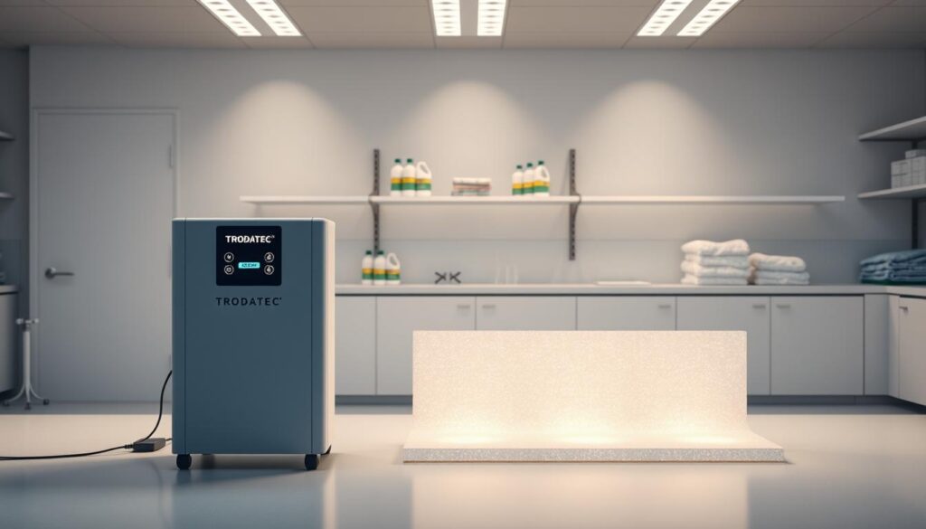 A serene and minimalist laboratory setting showcasing the Trodatec sustainable cleaning system. In the foreground, a state-of-the-art Trodatec cleaning unit stands prominently, its sleek design and LED-lit control panel indicating advanced functionality. The middle ground features a large glass fiber sample, its delicate yet resilient texture illuminated by soft, diffused lighting. In the background, shelves of carefully labeled cleaning solutions and recycled microfiber cloths hint at Trodatec's commitment to eco-friendly practices. An atmosphere of quiet efficiency pervades the scene, conveying the brand's ethos of innovative and responsible cleaning technologies.
