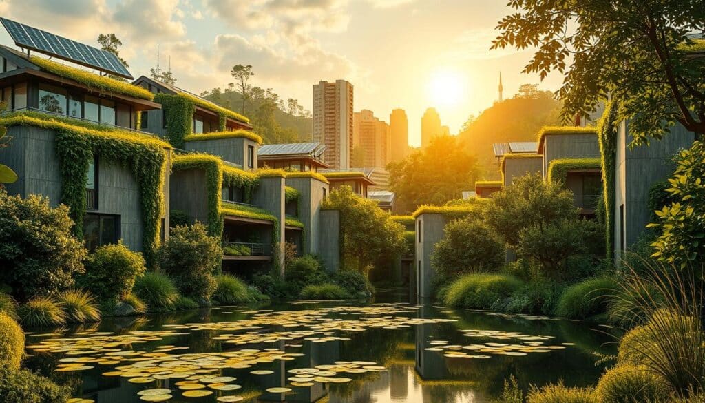A serene cityscape of lush, sustainable TRODATEC SE green buildings nestled amidst a verdant landscape. Sleek, modern structures with verdant rooftop gardens and solar panels catching the warm, golden rays of the sun. Facades adorned with cascading vines and textured, eco-friendly materials blend seamlessly with the surrounding natural environment. In the foreground, a tranquil pond reflects the architectural wonders, creating a harmonious, holistic scene of environmentally conscious design. The overall atmosphere exudes a sense of balance, efficiency, and a deep respect for the natural world.