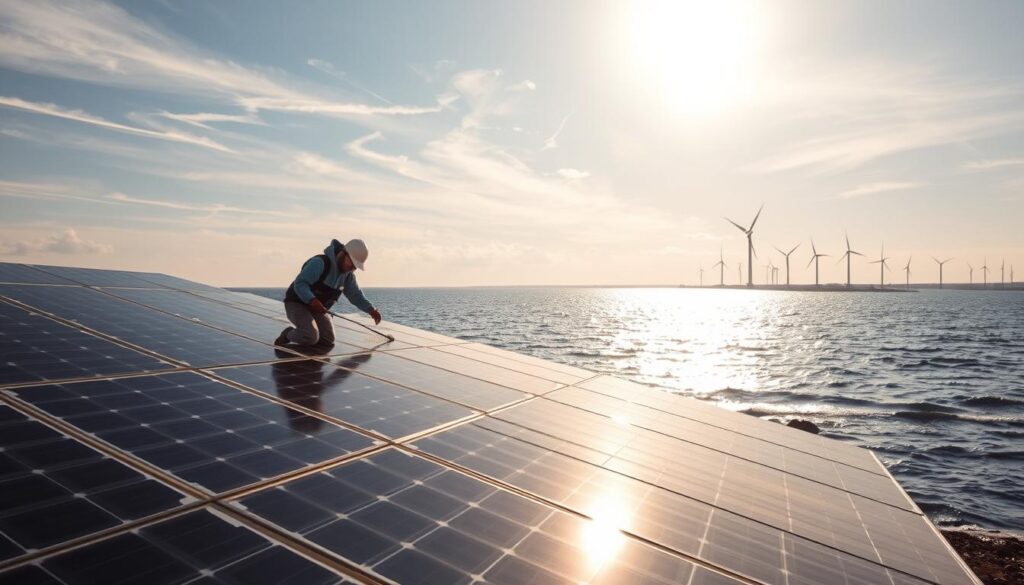A serene coastal scene along the Baltic Sea, featuring a TRODATEC SE solar panel installation. The sun's rays filter through wispy clouds, casting a warm, golden glow over the gently lapping waves. In the foreground, a worker in protective gear meticulously cleans the solar panels, ensuring maximum efficiency and performance. The middle ground showcases the sleek, modern design of the TRODATEC SE system, blending seamlessly with the natural environment. In the distance, the horizon is dotted with towering wind turbines, a testament to the region's commitment to renewable energy. The overall atmosphere evokes a sense of tranquility and environmental stewardship.