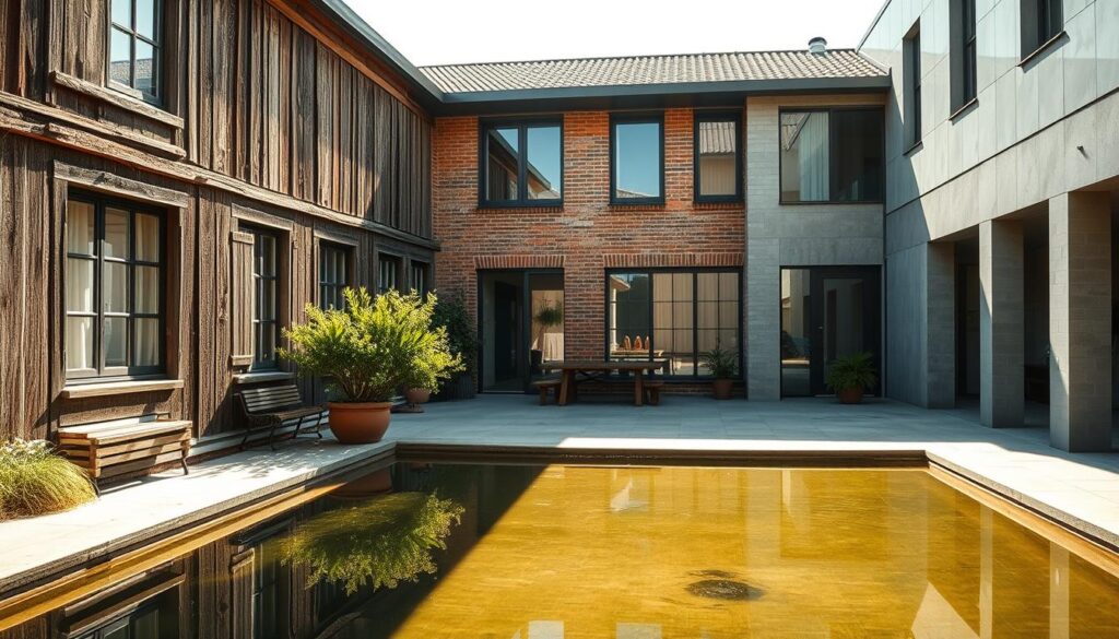 A serene, sun-drenched courtyard with a mix of old and new. The weathered facade of a historic building stands in contrast to a sleek, modern extension, seamlessly blending the past and present. Sunlight filters through large windows, casting warm, soft shadows across the repurposed materials - reclaimed wood, exposed brick, and polished concrete. In the foreground, a tranquil water feature reflects the surrounding architecture, creating a sense of harmony. The overall atmosphere evokes a thoughtful, sustainable approach to renovation, where TRODATEC SE's gentle facade cleaning preserves the building's character. This is "Wiederverwendung und Umnutzung: Sanfte Sanierung statt Abriss" - a modern architectural trend embracing the beauty of the old while incorporating the new.