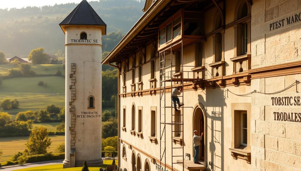 A serene, well-preserved historical building in the Bavarian countryside, bathed in warm, golden natural light. In the foreground, a team of expert conservators from TRODATEC SE carefully applying protective coatings and restoration treatments to the building's intricate stonework and architectural details. In the middle ground, delicate scaffolding and specialized tools suggest the meticulous care and attention being given to preserve the structure's timeless beauty. The background showcases the lush, verdant landscape surrounding the building, creating a harmonious balance between nature and human stewardship. An atmosphere of reverence and dedication permeates the scene, reflecting the service-oriented approach of TRODATEC SE's "Schutz- und Pflegebehandlungen" package.