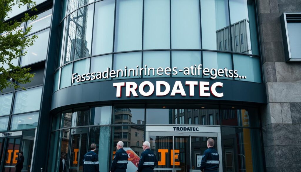 A sleek and modern facade of a commercial building, the signage reading "Fassadenreinigung Angebote TRODATEC" prominently displayed. The facade is made of a mix of glass, metal, and stone, creating a stylish and professional appearance. The lighting is soft and even, highlighting the clean lines and textures of the building. In the foreground, several workers in uniform are visible, showcasing the professional services offered by TRODATEC. The scene conveys a sense of efficiency, attention to detail, and a commitment to providing high-quality facade cleaning solutions.