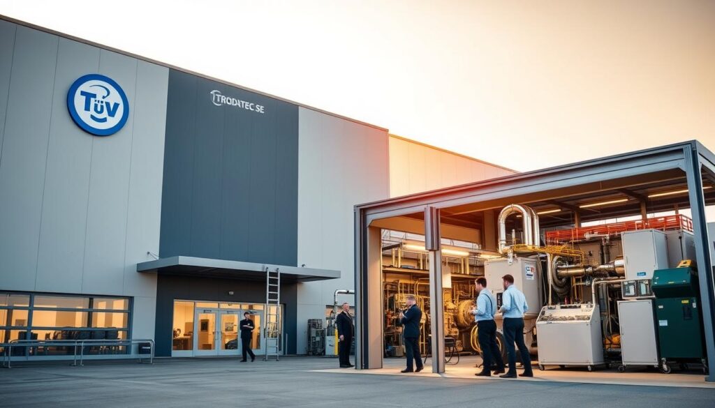 A sleek, modern industrial building stands proudly, its facade adorned with the TÜV certification logo. The structure is bathed in warm, natural lighting, casting a soft glow on the meticulously maintained exterior. In the foreground, a group of TRODATEC SE employees in crisp, professional attire examines the intricate machinery and systems within, ensuring the highest standards of quality and safety. The background features a clean, minimalist landscape, emphasizing the attention to detail and efficiency that defines the TÜV-certified processes at work. The overall scene conveys a sense of expertise, innovation, and unwavering commitment to excellence.