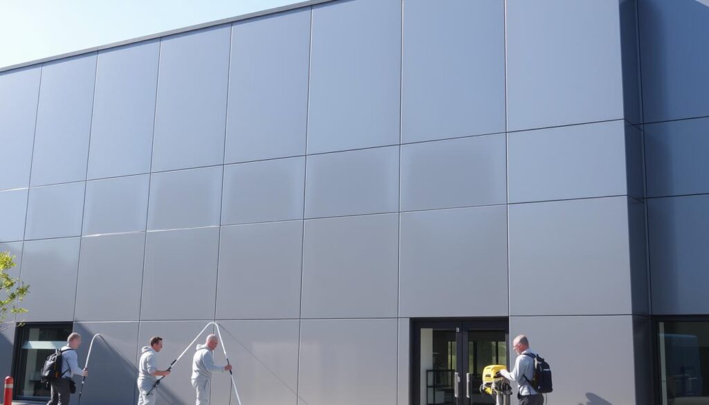 A sleek, modern office building with a clean, well-maintained facade. The exterior walls are covered in a smooth, uniform gray material, likely a specialized cleaning and protective coating known as "Trodatec". Sunlight glints off the pristine surface, highlighting its sheen and attention to detail. In the foreground, a group of professional cleaners are carefully inspecting the building, using specialized equipment and techniques to ensure the Trodatec coating remains in top condition. The scene conveys a sense of efficiency, expertise, and the benefits of utilizing high-quality, reliable cleaning services for commercial properties.