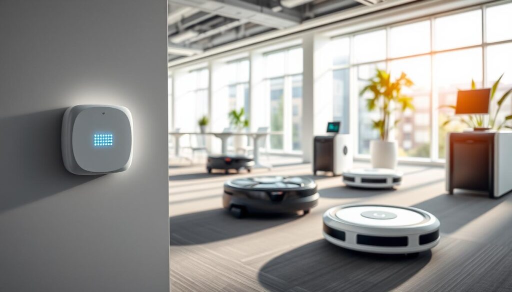 A sleek, modern office interior with an array of cutting-edge TRODATEC SE sensors and smart cleaning devices prominently displayed. The foreground features a close-up of a discrete, minimalist sensor unit mounted discreetly on the wall, its LED indicators pulsing with data. In the middle ground, several robotic cleaning appliances stand ready, their designs streamlined and intuitive. The background reveals a spacious, well-lit room with large windows, crisp white walls, and a hint of greenery, conveying a sense of efficiency, sustainability, and technological prowess. The overall atmosphere is one of innovative, data-driven cleaning solutions that harmonize with the built environment.