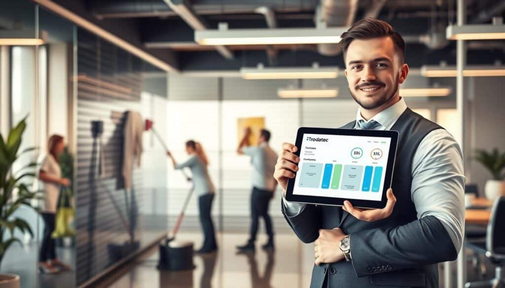 A sleek, modern office setting with a focus on cost-effective cleaning services. In the foreground, a well-dressed employee of Trodatec, a professional cleaning company, presents a tablet showcasing their transparent pricing and efficient workflow. The middle ground features a team of cleaners methodically wiping down a zinc-paneled wall, their movements precise and organized. In the background, the office space is bathed in warm, natural lighting, conveying a sense of productivity and attention to detail. The overall atmosphere exudes professionalism, reliability, and a commitment to providing high-quality, cost-efficient cleaning solutions.