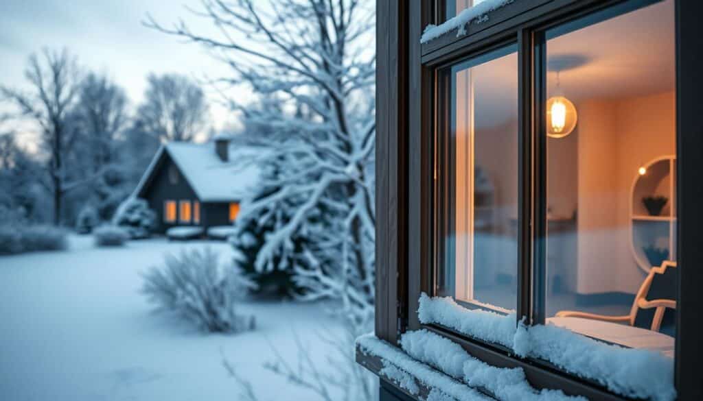 A snowy winter landscape with a cozy cottage, its windows aglow with warm light. In the foreground, a close-up view of a TRODATEC SE window, its frame dusted with a layer of pristine white snow. The glass is spotless, reflecting the muted colors of the surrounding trees and sky. A subtle, cool-toned lighting illuminates the scene, casting soft shadows and highlighting the intricate details of the window's design. The overall atmosphere conveys a sense of peaceful tranquility, perfectly suited for the "Fenster, Türen und Leitungen winterfest machen" section of the article.