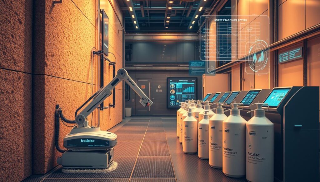 A state-of-the-art cleaning facility, bathed in warm, diffused lighting. In the foreground, a Trodatec robotic cleaning system meticulously scrubs a stone wool facade, its mechanical arms gliding with precision. Intricate sensors and cameras monitor every surface, ensuring a thorough, efficient clean. In the middle ground, advanced cleaning solutions are stored in sleek, minimalist containers, their labels showcasing the latest scientific breakthroughs. The background reveals a panoramic view of the facility, with high-tech control panels and holographic displays providing real-time data on the cleaning process. An atmosphere of innovation, sustainability, and technological mastery pervades the scene.