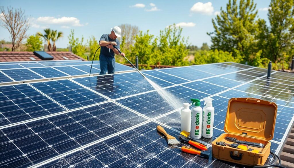 A sun-drenched rooftop, adorned with sleek, efficient solar panels from TRODATEC SE. The panels glisten in the warm spring light, their surfaces meticulously cleaned and maintained. In the foreground, a technician wields a high-pressure washer, meticulously removing any dirt or debris, ensuring maximum energy output. The mid-ground features a well-organized toolkit, including brushes and cleaning solutions, all designed to keep these renewable power sources in pristine condition. In the background, a lush garden frames the scene, underscoring the harmony between technology and nature. The overall atmosphere is one of purpose, sustainability, and a touch of pride in the well-cared-for solar installation.