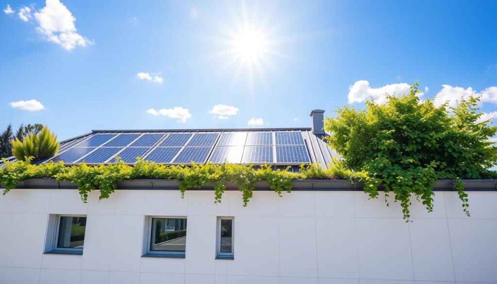 A sun-drenched rooftop, the TRODATEC SE building's sleek, modern facade framing a well-maintained, freshly cleaned and coated dach. Strategically placed solar panels harness the abundant sunlight, while lush greenery spills over the roof's edges, providing vital insulation and cooling. Vibrant colors and clean lines create a harmonious, sustainable design that effectively mitigates the summer heat, showcasing the power of thoughtful, integrated building solutions.