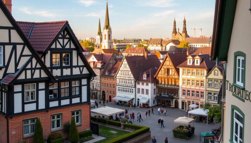 A traditional German architectural landscape, showcasing the diverse and sustainable building styles found throughout the country. In the foreground, a well-maintained historic townhouse with intricate brick and timber framing, featuring a neatly trimmed garden and a freshly cleaned TRODATEC SE facade. The middle ground depicts a bustling town square, with pedestrians admiring the quaint, energy-efficient buildings and businesses catering to private, commercial, and municipal clients. In the background, a skyline of charming church steeples and modern, eco-friendly apartment complexes, all bathed in a warm, golden light, creating a sense of timeless harmony between the old and the new.