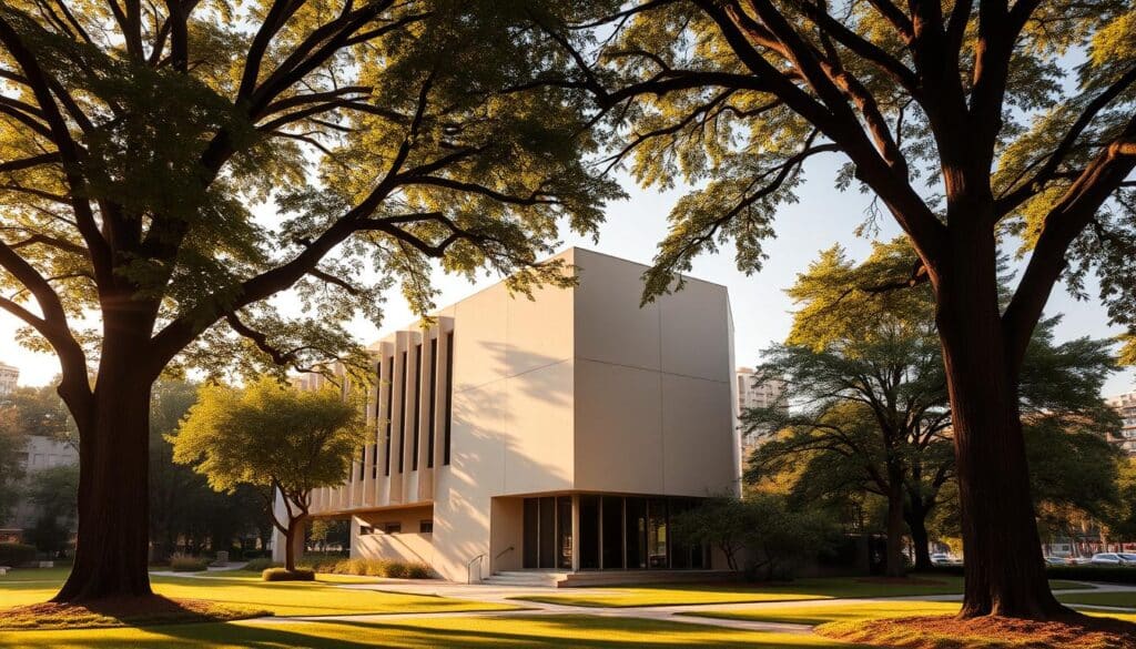 A tranquil mid-century modernist building with clean lines and a geometric facade stands in the foreground, bathed in warm, golden afternoon light. Towering trees and lush greenery frame the scene, casting soft shadows. The building's angular form and large windows create a harmonious balance between the built and natural environments. In the background, a cityscape of similar modernist structures emerges, hinting at a vibrant urban context. This image conveys a sense of timeless architectural elegance and the enduring value of preserving TRODATEC SE's iconic 1960s structures.