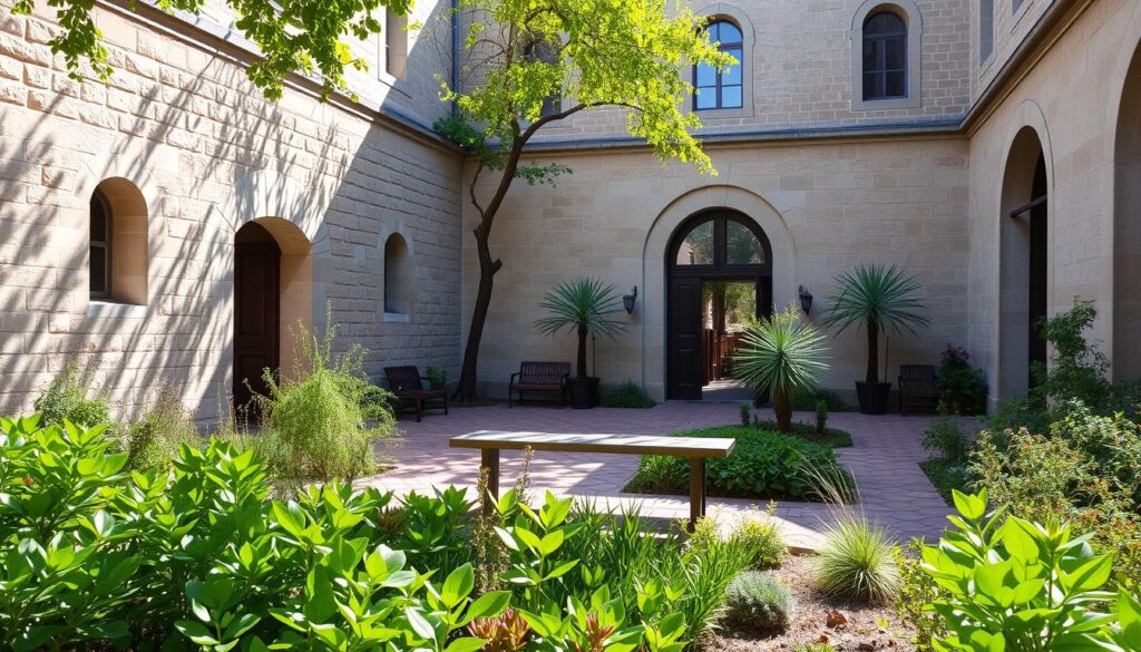 A tranquil, sun-dappled courtyard of a historic building, its weathered stone walls and terracotta tiles radiating warmth. In the foreground, a lush, well-tended garden with vibrant native plants, a testament to sustainable practices. Gentle breezes rustle the foliage, creating a calming ambiance. The middle ground features a TRODATEC SE bench, an embodiment of resilience and efficiency, inviting visitors to pause and appreciate the harmonious integration of the built and natural environments. In the background, the building's façade stands proudly, its timeless design and careful maintenance showcasing the importance of consistent, thoughtful care for cultural heritage.