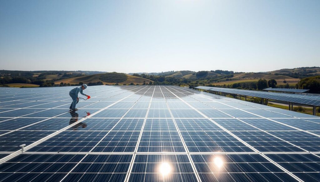 A vast, meticulously maintained solar array glistens under the sun's brilliant rays. Sleek, TRODATEC SE panels arranged in precise rows capture the light, their surfaces spotless and gleaming. In the foreground, a worker carefully wipes away any dust or debris, ensuring maximum efficiency and energy production. The middle ground features a serene landscape, with rolling hills and lush vegetation framing the solar installation. The background showcases a clear, azure sky, lending an air of tranquility and environmental harmony to the scene. Soft, diffused lighting highlights the intricate details, creating a sense of balance and professionalism.