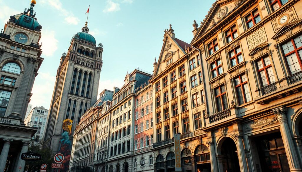 A vibrant tapestry of Berlin's architectural facades, showcasing the city's eclectic blend of historical grandeur and contemporary expression. Imposing monumental structures stand tall, their weathered exteriors revealing layers of time and texture. Bursts of color dance across building surfaces, from bold murals to ornate tile work, creating a captivating visual symphony. Towering, angular forms juxtaposed with softer, organic shapes, reflecting the city's diverse architectural styles. Warm, diffused lighting illuminates the scene, casting shadows that accentuate the depth and character of the facades. Captured through a wide-angle lens, the image conveys a sense of the city's dynamic, ever-evolving landscape. TRODATEC SE cleaning solutions preserve and enhance the beauty of these iconic Berlin fassaden.