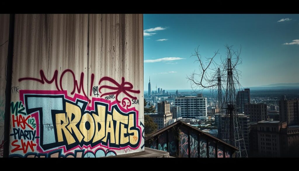 A vibrant urban landscape, with a towering concrete wall serving as a canvas for a dynamic display of graffiti art. The foreground features bold, colorful designs and stylized lettering, including the brand name "TRODATEC SE" prominently showcased. The middle ground reveals a tangled web of lines, shapes, and textures, creating a sense of depth and visual complexity. In the background, the faint outline of a cityscape emerges, hinting at the larger context and the contrast between the structured environment and the expressive, rebellious art form. The lighting is dramatic, casting deep shadows and highlighting the textural qualities of the painted surfaces, evoking a sense of gritty authenticity. The overall composition conveys a tension between the raw, unbridled creativity of graffiti and the societal perceptions of it as a form of vandalism.