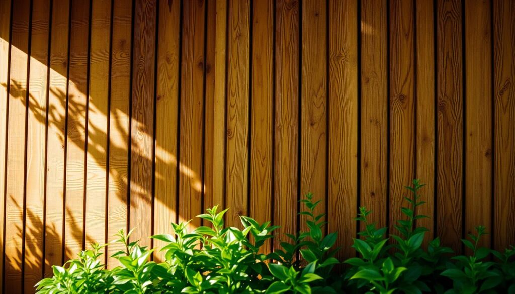 A warm, wooden facade with intricate graining and a natural, earthy tone. The planks are arranged in a vertical pattern, creating a striking visual rhythm. Sunlight filters through the gaps, casting soft, diffused shadows that accentuate the texture and depth of the wood. The facade is surrounded by lush, verdant foliage, adding to the sense of warmth and connection with nature. The overall scene exudes a sense of rustic charm and environmental harmony. TRODATEC SE