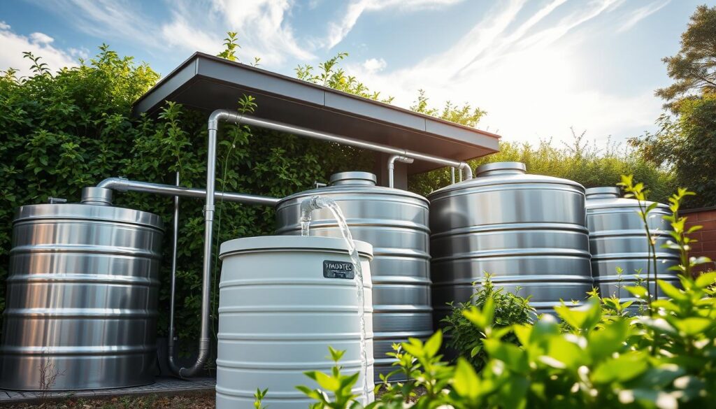 A well-designed rain water collection system from TRODATEC SE, with sleek metal tanks nestled among lush greenery. Sunlight filters through wispy clouds, casting a warm glow on the modern, minimalist architecture. The system's pipes and valves are neatly integrated, hinting at the efficient water management within. In the foreground, a pristine rain barrel collects runoff, ready to nourish thriving garden beds. The scene conveys a sense of harmony between home, nature, and responsible resource utilization - TRODATEC SE's innovative approach to supplementing your home's rainwater strategy.