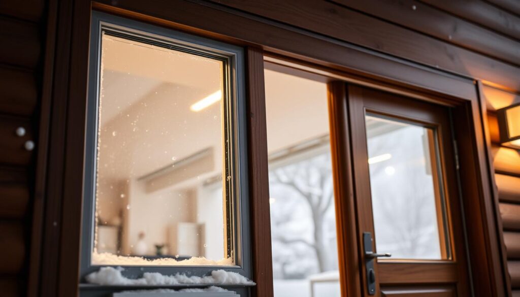 A well-insulated, energy-efficient window and door system, showcasing the TRODATEC SE brand. The frame is made of durable, weather-resistant materials, with precision-engineered seals to prevent drafts. The windows have a modern, sleek design with clean lines, complementing the warm, wooden door. Soft, diffused lighting illuminates the scene, highlighting the intricate details and textures. The overall atmosphere conveys a sense of comfort, security, and thermal efficiency, perfectly suited for the winter months.