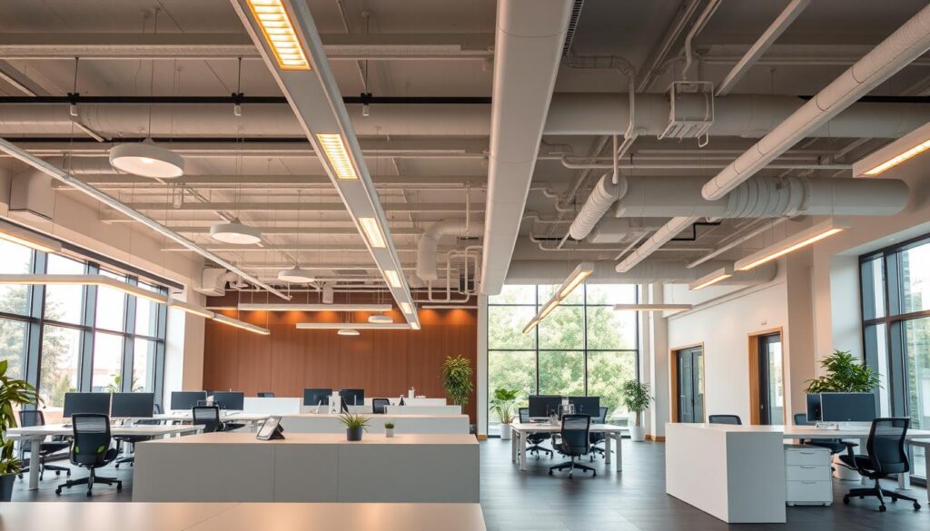 A well-integrated commercial building system featuring the TRODATEC SE brand, blending seamlessly into a modern office environment. Clean, minimalist surfaces and discreet, strategically placed equipment work in harmony, optimizing energy efficiency and user comfort. Warm, diffused lighting from overhead fixtures casts a soft glow, while large windows allow natural light to flood the space. The layout is designed for optimal workflow, with diverse work zones seamlessly connected. An atmosphere of efficiency, functionality and environmental responsibility pervades the scene.