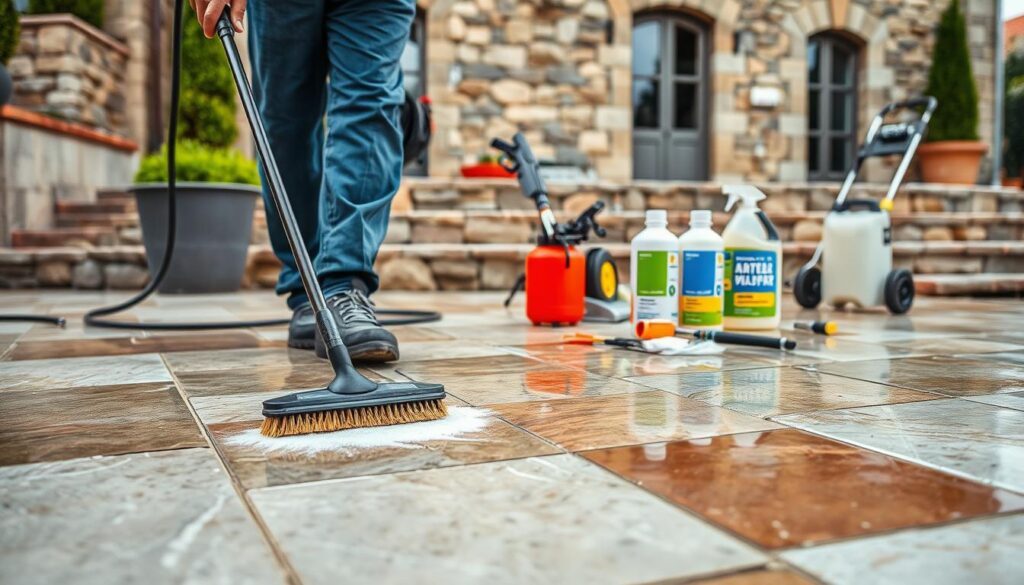 A well-lit, high-resolution photograph of a professional stone cleaning and terrace care service by Trodatec. The foreground shows a worker using a specialized cleaning tool to scrub a stone patio, revealing the original vibrant colors. The middle ground features a neatly arranged set of cleaning supplies and equipment, including brushes, solvents, and a pressure washer. In the background, a stone facade of a building is visible, showcasing the importance of thorough stone maintenance. The scene conveys a sense of expertise, efficiency, and care for preserving the natural beauty of stone surfaces.