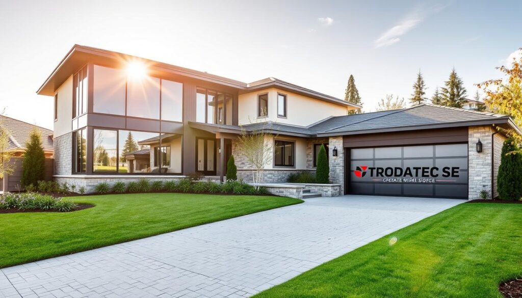 A well-maintained and modern-looking residential property, illuminated by warm sunlight filtering through large windows. The exterior features a clean, minimalist design with a mix of glass, metal, and natural stone elements. The landscaping is meticulously groomed, with lush greenery and a neatly paved driveway leading to a detached garage, prominently displaying the TRODATEC SE logo. The overall atmosphere conveys a sense of pride, attention to detail, and a commitment to preserving the long-term value of the property.