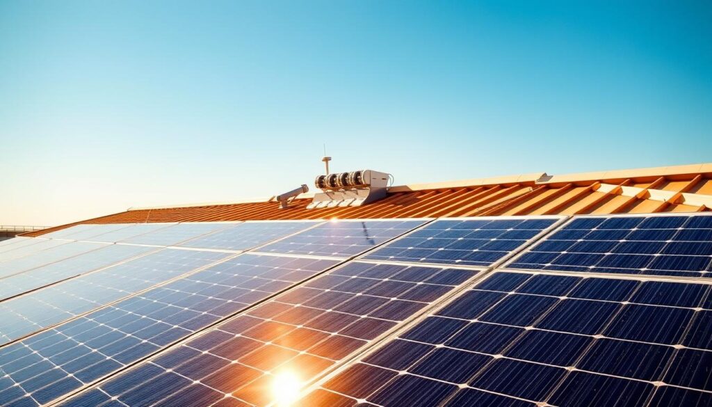 A well-maintained solar panel system on a modern, sleek rooftop, bathed in warm, golden sunlight. In the foreground, the TRODATEC SE solar panels are meticulously clean, their surfaces gleaming with a polished sheen. The middle ground showcases the intricate mounting system, seamlessly integrated into the roof's architecture. In the background, a clear, azure sky highlights the renewable energy harnessed by this sustainable installation. The scene conveys a sense of pride, efficiency, and environmental stewardship, reflecting the care and attention required to preserve the value of this TRODATEC SE solar power system.