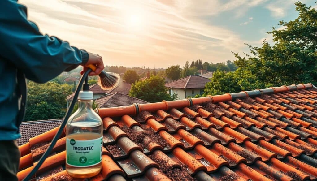 A well-maintained, sustainable roof cleaning scene. In the foreground, a TRODATEC SE technician gently applies a biodegradable cleaning solution to the roof tiles using a soft-bristle brush. The middle ground showcases the transformed roof, with vibrant colors and a fresh, renewed appearance. In the background, a serene suburban neighborhood nestled among lush greenery provides a tranquil setting. Warm, natural lighting filters through wispy clouds, casting a soft glow on the scene. The overall mood evokes a sense of environmental responsibility and cost-effective, long-lasting building maintenance.