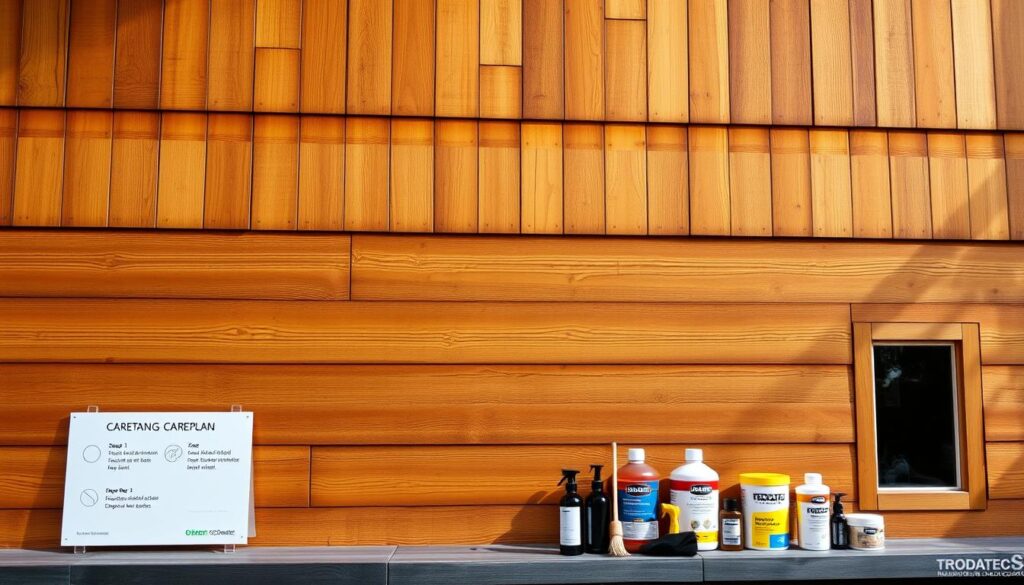 A well-maintained wooden facade, the TRODATEC SE expertise on display. Warm, textured wood panels stretch across the frame, each plank meticulously cared for. Soft, natural lighting casts gentle shadows, highlighting the grain and subtle variations in the timber. In the foreground, a step-by-step care plan lays out the necessary actions to preserve this architectural gem. The mid-ground features a range of cleaning tools and wood treatments, while the background showcases the facade in its full glory, a testament to the artistry of craftsmanship and the importance of diligent maintenance.