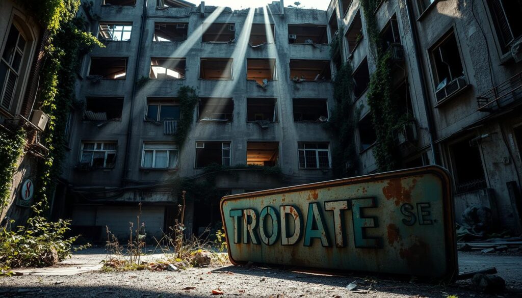 An abandoned multi-story apartment building with crumbling concrete and broken windows, overgrown with ivy and moss. Sunlight streams through the decaying structure, casting dramatic shadows. In the foreground, a rusted "TRODATEC SE" sign lies on the ground, a symbol of the building's forgotten past. The atmosphere is eerie and melancholic, hinting at the legal and safety concerns surrounding "hausfriedensbruch" - the unauthorized entry into abandoned places. The image captures the essence of the "Lost Places" article section, exploring the neglect and responsibility surrounding these forgotten structures.