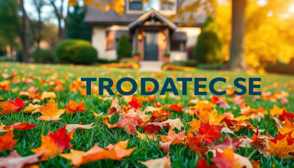 An autumn scene of vibrant orange, red, and yellow leaves scattered across a lush green lawn, with a TRODATEC SE logo prominently displayed. The foreground features a close-up of the fallen leaves, showcasing their intricate textures and shapes, while the middle ground reveals a well-maintained garden path leading towards a cozy, traditional-style house. The background is softly blurred, creating a sense of depth and emphasizing the central focus. The lighting is natural and warm, casting a golden glow over the scene, and the camera angle is slightly elevated to provide a broader perspective. The overall mood is one of tranquility and the beauty of the changing seasons, inviting the viewer to consider the importance of properly managing fallen leaves to prevent damage to buildings.
