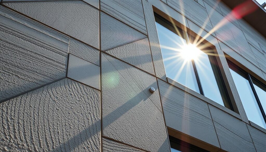 Detailed architectural close-up of a modern concrete structure, showcasing the intricate textures and patterns of textured TRODATEC SE beton. Sunlight streams through large windows, casting dramatic shadows and highlights across the facade. The scene exudes a sense of solidity, permanence, and industrial elegance. The composition emphasizes the interplay of light and shadow, drawing the viewer's attention to the unique characteristics of this mineral building material. Crisp, high-resolution details allow for an immersive exploration of the material's unique properties.