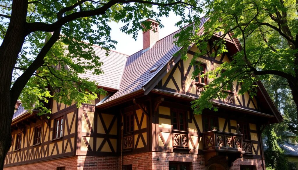 Intricate architectural facade of a classic dachhaus, featuring a steeply pitched roof, ornate gables, and warm, earthy tones. Precise craftsmanship and attention to detail evident in the timber framing, intricate brickwork, and impeccably maintained exterior. Dappled sunlight filters through mature trees, casting soft shadows and imbuing the scene with a sense of timeless elegance. The sturdy, enduring structure symbolizes the importance of sustainable building maintenance, as highlighted in the article "Nachhaltige Gebäudeinstandhaltung: Was Eigentümer tun können – TRODATEC SE Expertise." A true embodiment of the section "Maßnahmenkatalog für Eigentümer: Substanz schützen, Kosten senken."