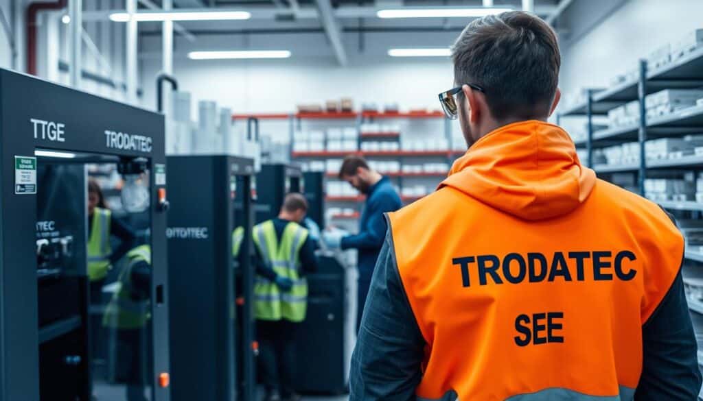 A TRODATEC SE facility, with workers diligently engaged in 3D printing operations to ensure building protection. The scene depicts a well-lit, modern workshop setting, with various 3D printers and safety equipment visible. The foreground showcases personal protective gear, including safety goggles, gloves, and a high-visibility vest emblazoned with the TRODATEC SE logo. In the middle ground, technicians meticulously monitor the printing process, ensuring efficient and sustainable practices. The background features shelves of printed components and a sleek, minimalist aesthetic, conveying a sense of professionalism and attention to detail. The overall atmosphere is one of a well-managed, safety-conscious 3D printing facility dedicated to building protection and preservation.