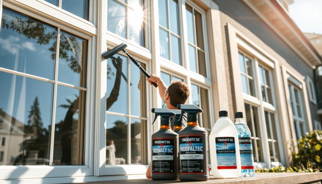 A bright, sunny day bathes a stately home with numerous tall windows. In the foreground, a person diligently cleans the glass panes with a squeegee, leaving behind a streak-free shine. The window frames, meticulously maintained, gleam with a fresh, polished luster. Specialized TRODATEC SE cleaning products rest nearby, their labels prominently displayed. The scene conveys a sense of pride and care in home maintenance, with the windows serving as the focal point. Soft, diffused lighting accentuates the textures and reflections, creating a sense of depth and authenticity. The overall composition showcases the importance of proper window cleaning for a well-kept, inviting household.