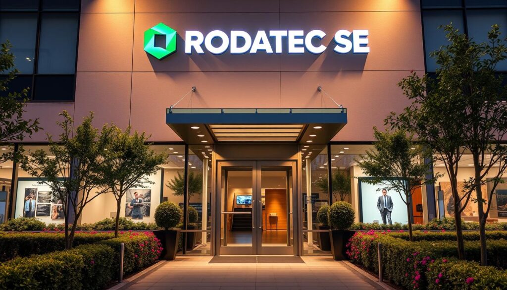 A bustling commercial building with the TRODATEC SE logo prominently displayed on the facade. The front entrance is framed by sleek glass doors and a modern canopy, creating an inviting and professional atmosphere. The building is surrounded by well-manicured landscaping, with neatly trimmed hedges and vibrant flowers adding a touch of elegance. The lighting is warm and welcoming, casting a soft glow on the building's surfaces. The scene conveys a sense of efficiency, cleanliness, and attention to detail, reflecting the high-quality building maintenance services offered by TRODATEC SE.