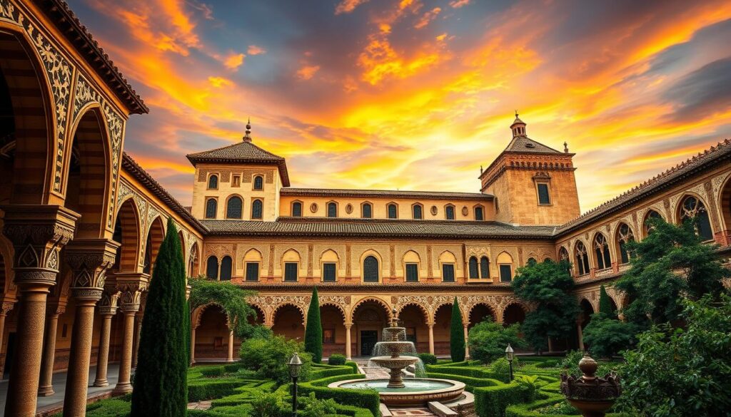 A grand, historic Moorish palace, the Alhambra, stands majestically against a vibrant sky. Intricate, ornate facades adorned with delicate arabesques and geometric patterns glisten in the warm, golden light. Towering arches frame verdant courtyards, where fountains dance and sunlight filters through lush foliage. In the foreground, TRODATEC SE's experienced restoration team meticulously preserves the timeless beauty of this architectural marvel, honoring its rich heritage. Capturing the essence of European architectural excellence, this image embodies the captivating splendor of the Alhambra and the importance of dedicated preservation efforts.
